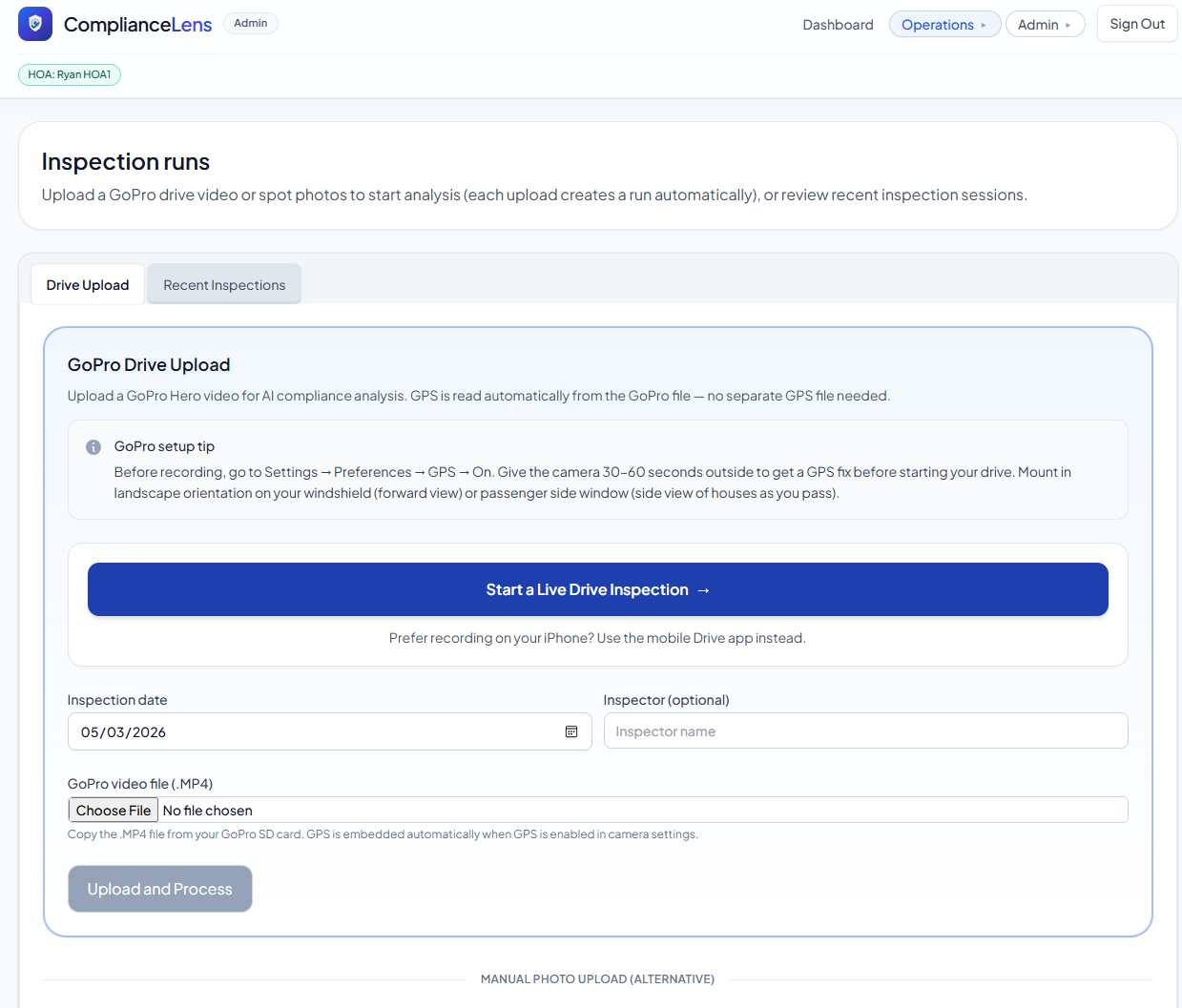 ComplianceLens community inspection with GPS property matching and AI analysis.