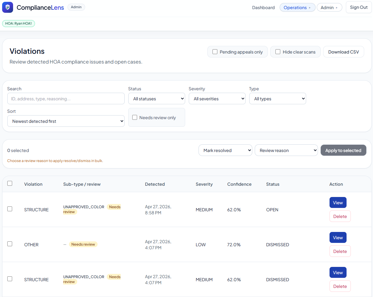 ComplianceLens violations workflow with filters, status controls, and bulk actions.